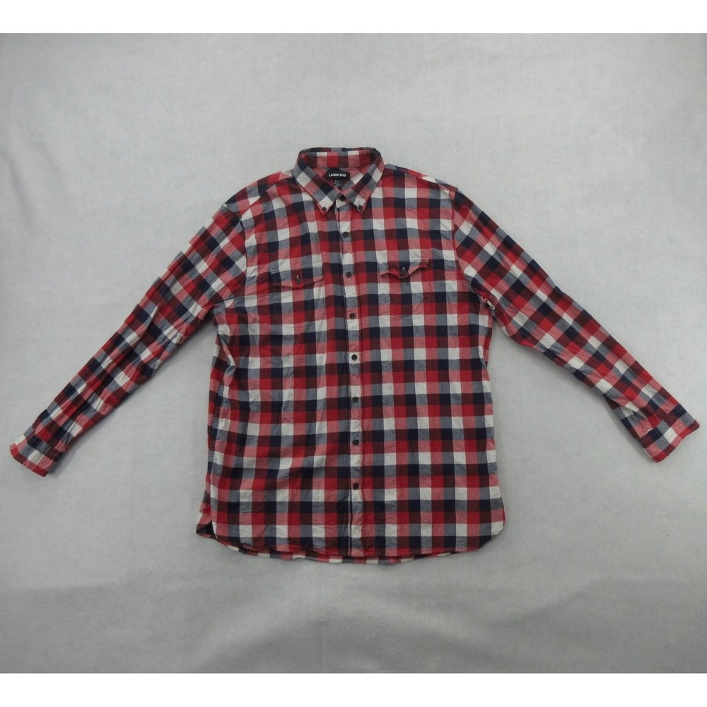 Lands' End Shirt Mens XLT Red Navy Plaid Flannel Button Front Stretch Casual